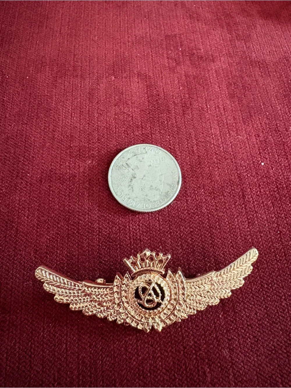 Never Used Gold Tone Royal Crown Wings Lapel Pin Aviation Style Collar Brooch